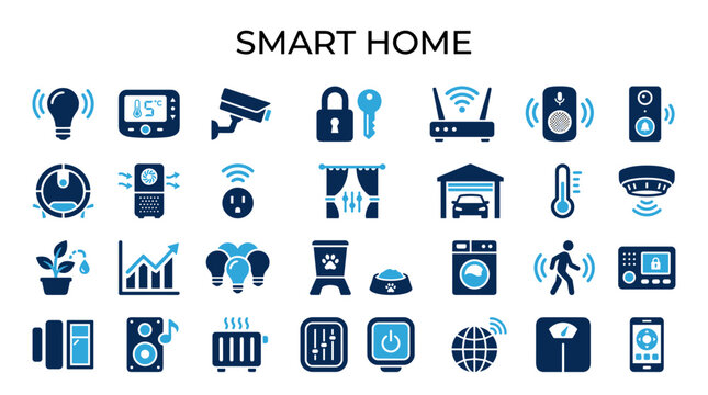 Smart Home Technology Icons Set Representing Automation Convenience Security and Modern Living Devices for Connected Household Management