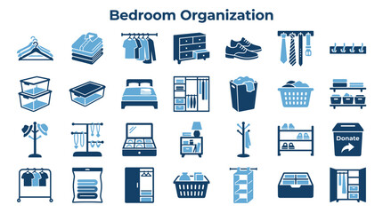 Bedroom organization icons and illustrations for tidy home and closet decluttering concepts © Iconique Studio
