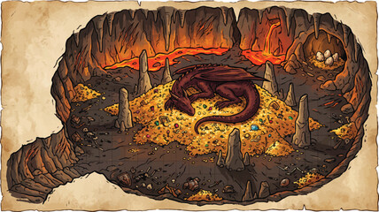Fantasy dragon sleeping on gold treasure in cave, mythical red dragon guarding hoard of coins and jewels, hand drawn vintage map style illustration of a dungeon lair © xantii