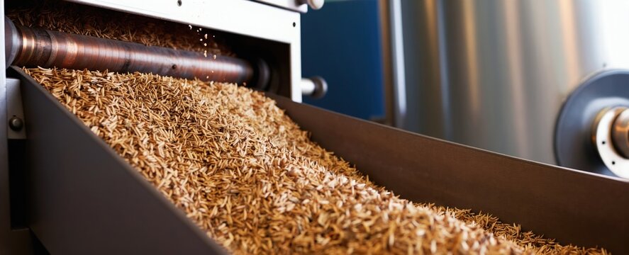 Closeup of malt crushing equipment in brewery. Grain passes through rollers during production. Industrial setting with metallic machine parts visible. Beer making process detail.