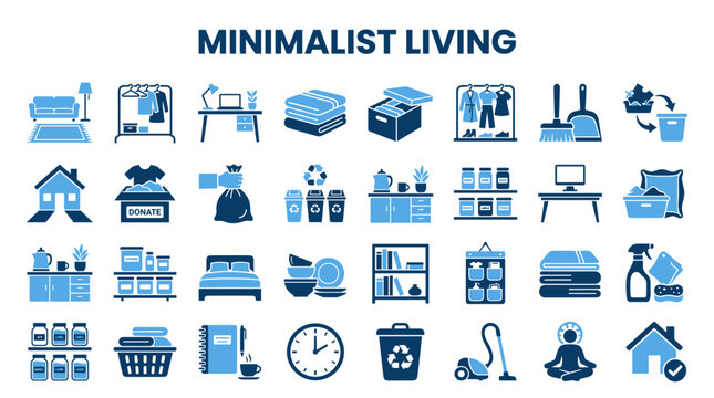 Minimalist living concept with icons representing decluttering organization and simple lifestyle choices for a clean and tidy home environment and mindful living.
