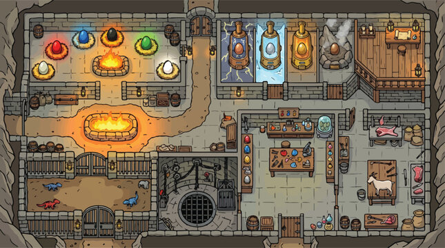 Fantasy dungeon map vector, medieval alchemy laboratory and dragon hatchery, isometric RPG game level design with magic crystals and forge