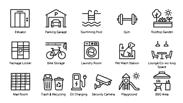 Minimalist Apartment Building Amenities Line Icon Set Featuring Residential Facilities Like Gym, Swimming Pool, Parking Garage, Laundry Room, Pet Wash, EV Charging, and Co-working Space Icons.