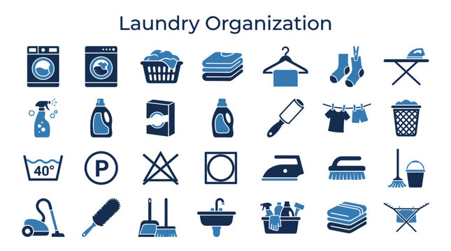 Laundry organization icons and symbols for washing clothes and home cleaning tips