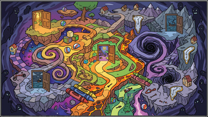 Surreal dream world map vector illustration, fantasy landscape with floating islands and magic portals, whimsical subconscious mind concept art with melting clocks © xantii
