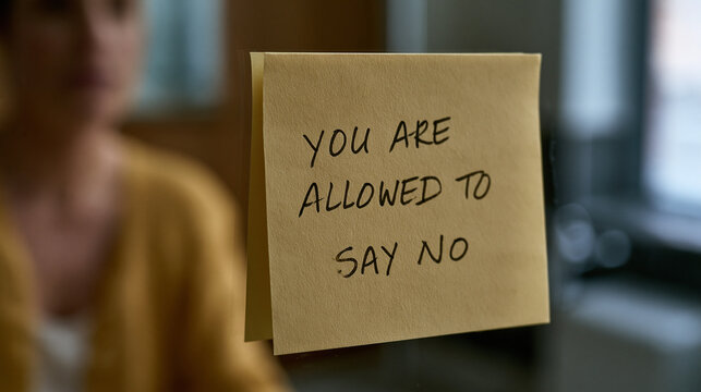 Close-up detail of a handwritten sticky note pressed to a bathroom mirror reading "you are allowed to say no" in neat capitals, background blurred to suggest a domestic bathroom setting, early morni