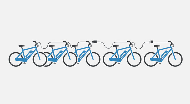 Row of electric bicycles connected by power cables for charging.