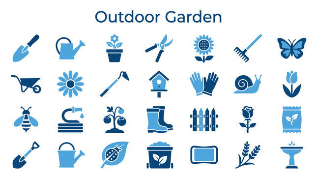 Collection of blue outdoor garden icons and symbols representing tools plants and nature elements for gardening and landscaping projects