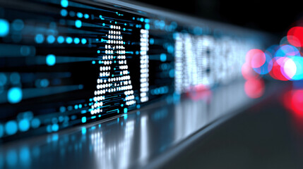 Fototapeta premium Glowing artificial intelligence letters with digital code texture on dark background representing AI technology and machine learning.
