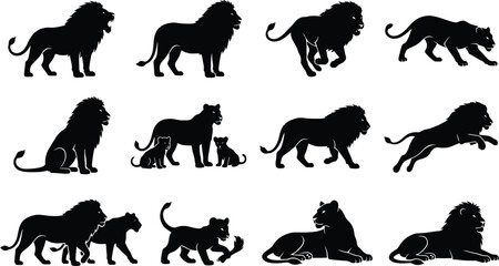 Obraz premium Lion silhouettes, lion icons, black lion graphics, wildlife symbols, 12 lion shapes