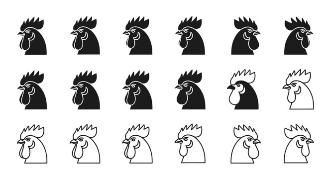 Set of Rooster Head Icons in Black and White Outline Styles.