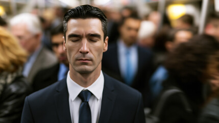 Fototapeta premium Serious businessman standing still in crowded city crowd symbolizing stress, isolation, focus and modern urban lifestyle.