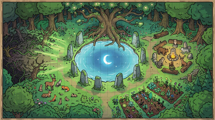 Fantasy forest map with mystical moon pond and ancient stone circle, magical woodland glade with campfire and wildlife, enchanted garden landscape vector illustration © xantii