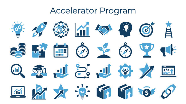 Accelerator program icons representing business growth startup success innovation strategy and teamwork symbols