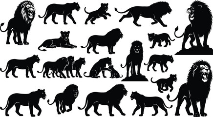 Obraz premium Black lion silhouettes, lion icons, big cat set, 20 animal graphics