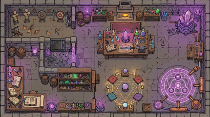 Fantasy alchemy laboratory interior, isometric magic workshop with wizard potions and crystals, medieval dungeon room for game design, mystical sorcerer study with glowing runes © xantii