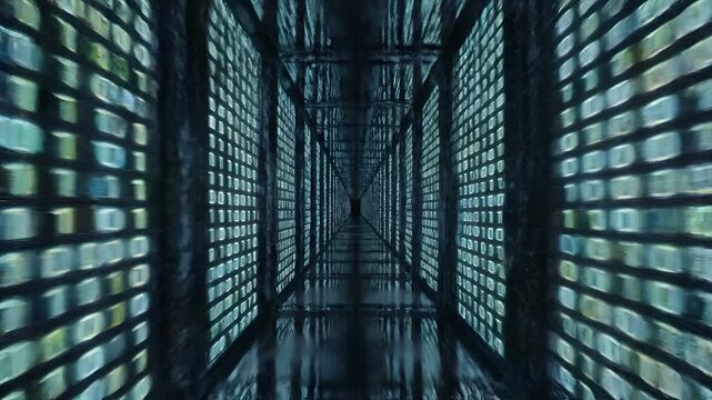 Abstract digital tunnel with binary code flowing on walls.