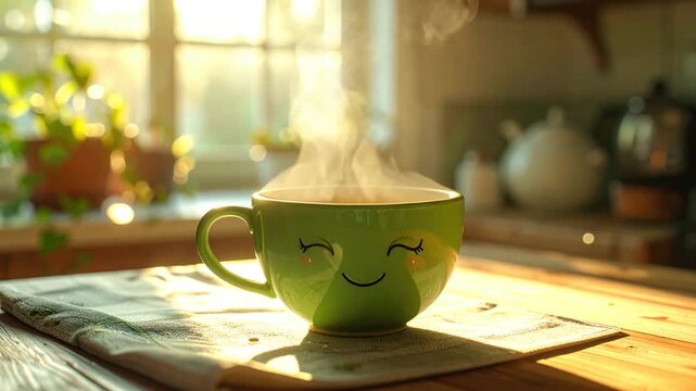 Smiling green mug with steam, on a table, plants and window in background