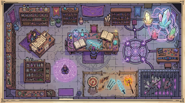 Fantasy wizard workshop interior vector, magical alchemy laboratory with spell circles and crystals, medieval RPG dungeon map background in purple and blue tones