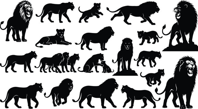 Black lion silhouettes, lion icons, big cat set, 20 animal graphics