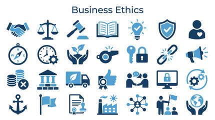 Fototapeta premium Business Ethics Icons Set Showing Corporate Social Responsibility Integrity Values and Legal Compliance Concepts
