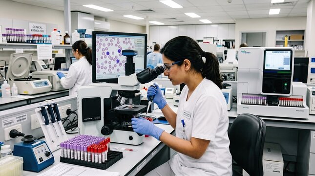 A female scientist in a lab coat examines blood samples under a microscope in a modern clinical pathology laboratory.