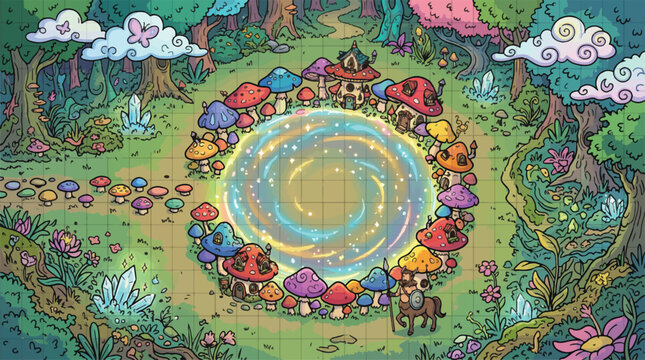 Fantasy forest battle map vector, magical mushroom village with glowing portal, enchanted woodland tabletop rpg background, whimsical fairy tale landscape with crystals