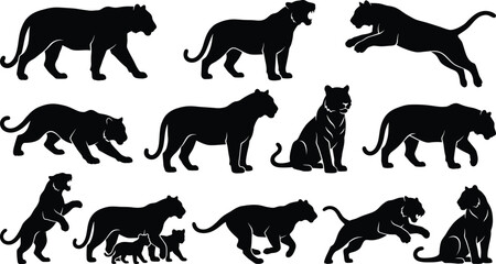 Fototapeta premium Black lion silhouettes, lion poses, big cat icons, animal graphics, wildlife illustrations