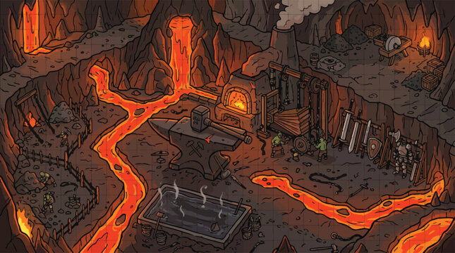 Fantasy blacksmith forge in underground lava cave, medieval dwarven workshop with anvil and swords, isometric volcanic cavern background for game design