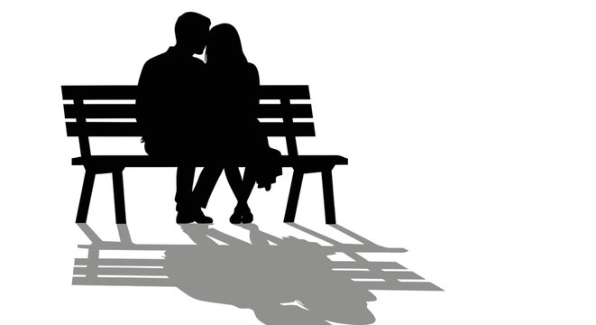 silhouette couple walking on park bench at sunset with long shadows
