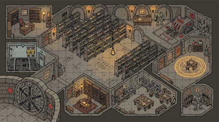 Isometric fantasy dungeon map, medieval library and laboratory interior vector, retro RPG game environment with stone rooms and bookshelves © xantii