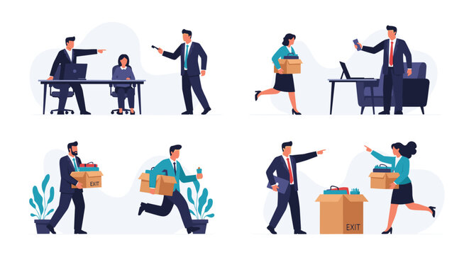 Series of illustrations showing various office workers being fired from their jobs and carrying boxes of belongings.