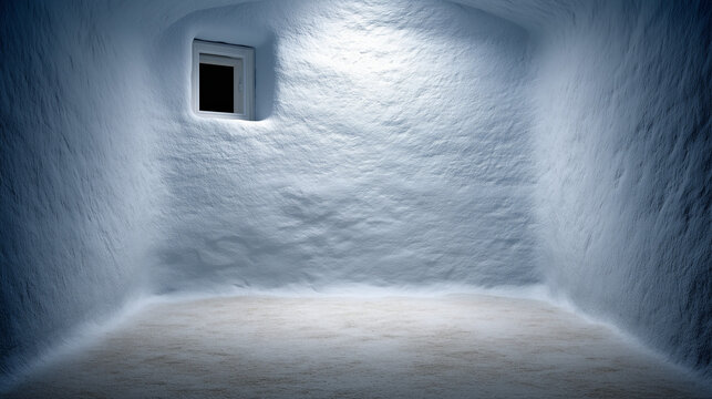 Blue white textured room with small square window