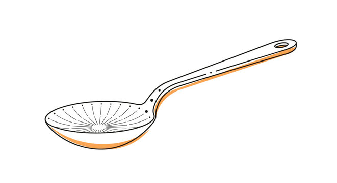 Simple line drawing of a metal cooking skimmer with a long handle and a slotted bowl for straining food in kitchen.