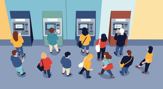 People standing in line and using automated teller machines in a bank lobby shown from a high angle perspective.