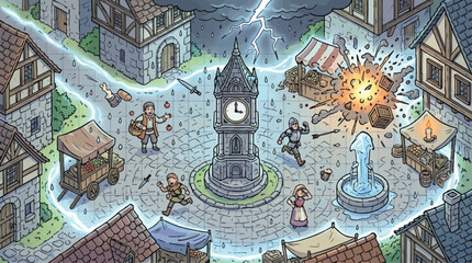 Medieval fantasy town square under attack, isometric village battle scene with lightning and explosion, RPG game map illustration with clock tower and market stalls © xantii