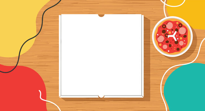 Top view of an open empty white cardboard pizza box next to a freshly baked pepperoni pizza on a wooden table with abstract shapes.