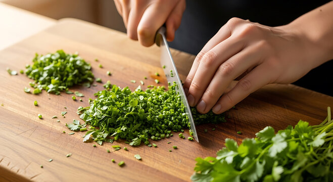 Close-up of Chef Hands Finely Chopping Fresh Green Parsley on a Wooden Cutting Board