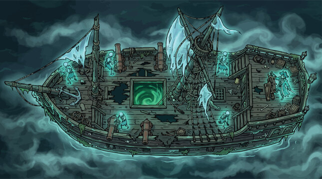 Ghostly pirate ship wreck with glowing spirits, haunted phantom galleon sailing through eerie mist, cursed undead vessel vector illustration