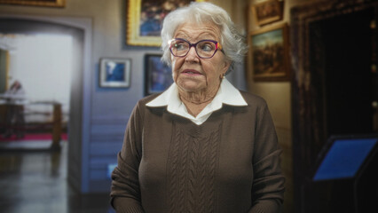 Elderly woman wearing glasses stands looking to the side near framed paintings and a display kiosk in an art museum building quiet contemplation. © Krakenimages.com