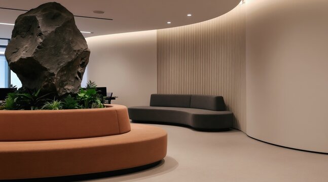 Modern office lounge with rounded seating, natural rock sculpture. Organic shapes blend with minimalist interior design. Sleek furniture complements abstract architectural elements creating unique