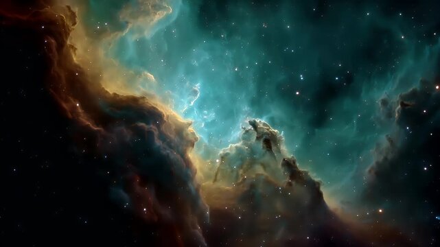 Space universe exploration, fantasy, mysterious. A vivid depiction of a nebula in deep space. The main subject is a swirling mass of gas and dust, with distinct colors of blue, green, and gold.