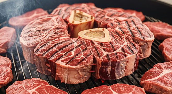 Fresh Raw Beef Osso Buco Steak with Bone Marrow Grilling on a Hot Barbecue Rack