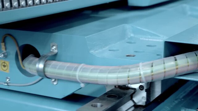 Flexible cable channel in industrial equipment is a movable structure for protecting cables and hoses in mechanisms with moving parts. Closeup. Shot in motion
