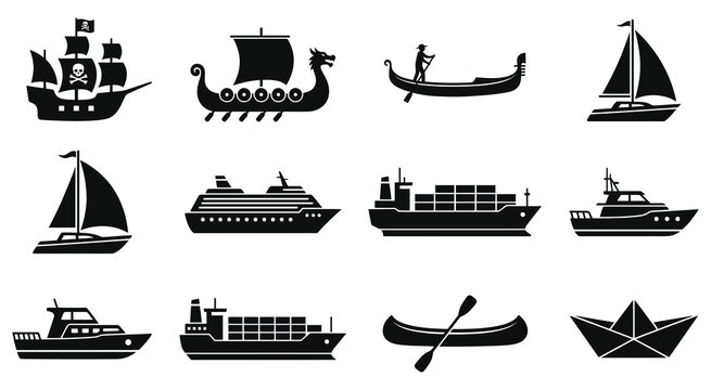 Black and white silhouette collection of boats and ships vector icons
