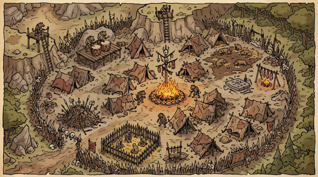 Fantasy medieval orc camp vector illustration, hand-drawn tribal village with tents and bonfire, ancient fortress settlement map for gaming