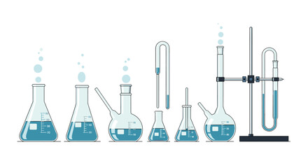 Fototapeta premium Set of different chemical laboratory glassware items filled with blue liquid and rising bubbles used for scientific research and experiments.