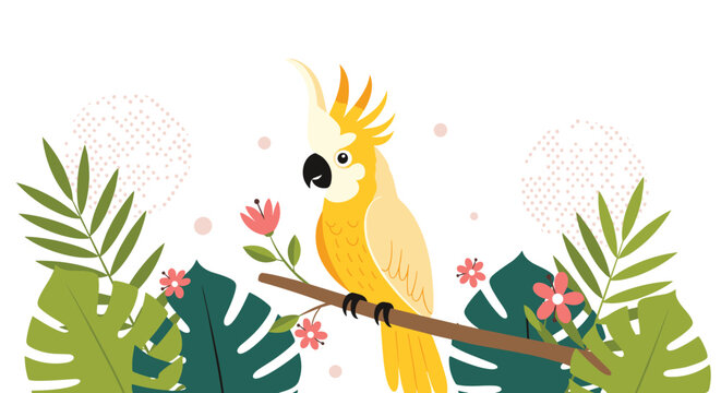 Yellow crested cockatoo sits peacefully on a tree branch surrounded by lush tropical palm leaves and pink flowers on a white background.