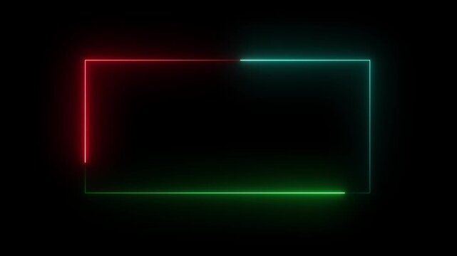 Square rectangle picture frame with two tone neon color motion graphic on isolated black background.moveing for overlay element. footage video effect seamless loop.