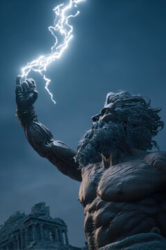 Greek mythology god Zeus. Fantasy. A dramatic portrayal of a muscular man with a long beard and curly hair, set against a backdrop of ancient ruins. He holds a lightning bolt in his right hand.